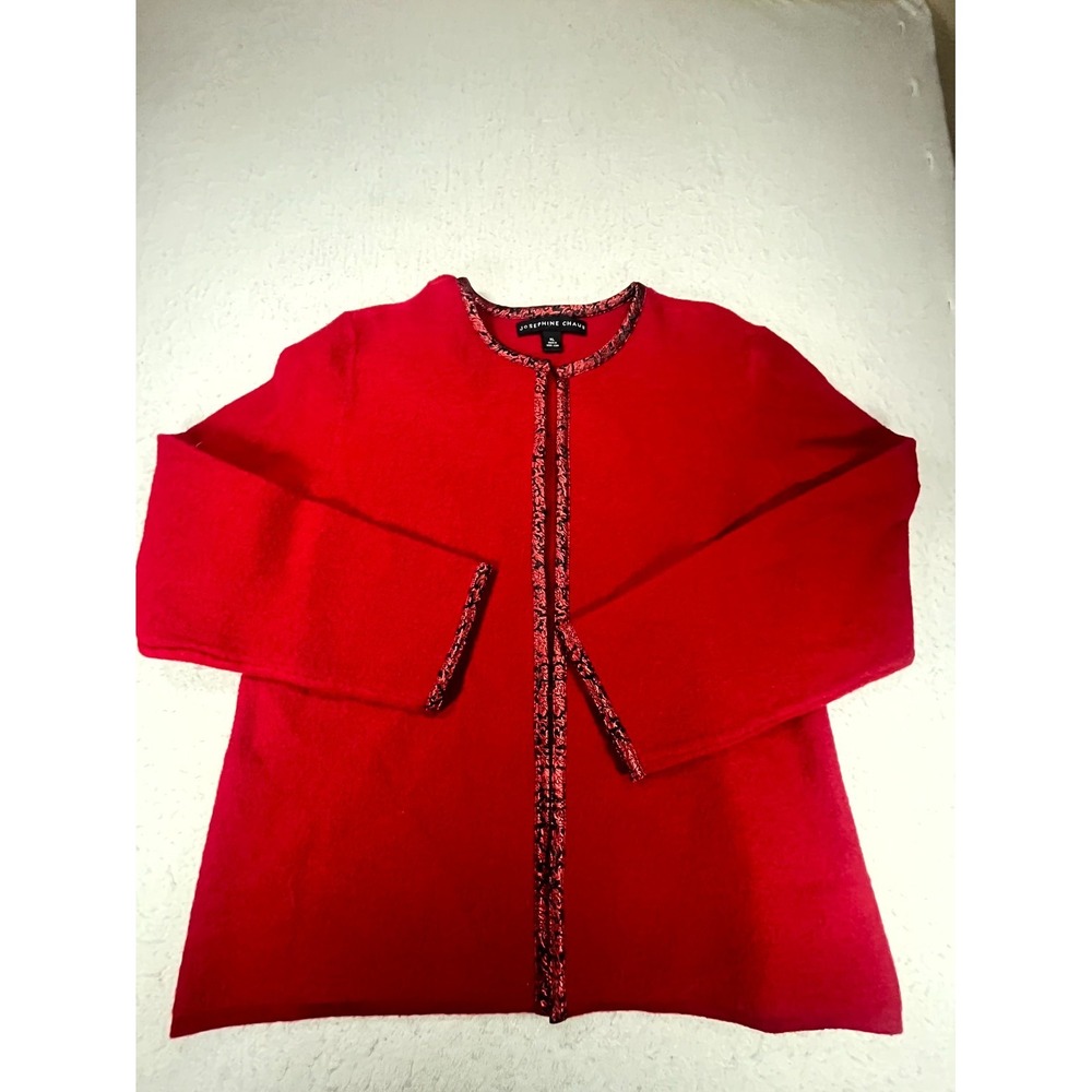 Vintage Josephine Chaus Cardigan Sweater Womens XL Red Wool Knit Brocade Trim